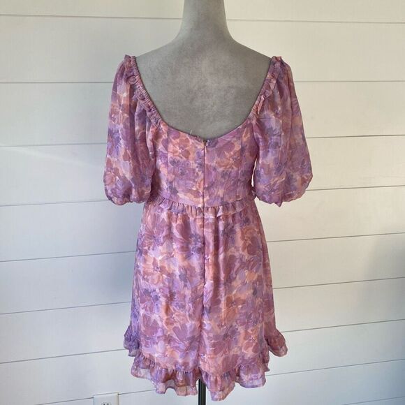 Jessica Simpson Pink & Purple Floral Puff Sleeve Ruffle Dress Size Small - Picture 4 of 7